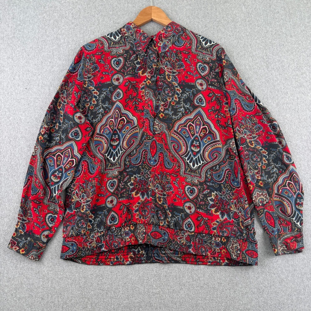 Alfred Dunner Blouse Womens 18W Red Paisley Long Sleeve Smocked Hem Button Front